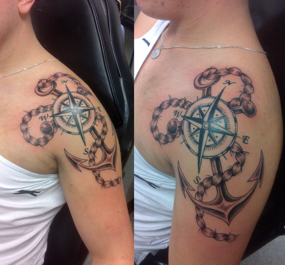 Black Ink Anchor With Compass Tattoo On Girl Left Shoulder