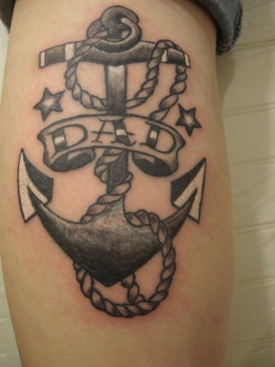 Black Ink Anchor With Dad Banner And Stars Tattoo Design For Leg Calf