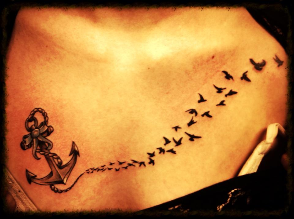 Black Ink Anchor With Flying Birds Tattoo Design For Chest
