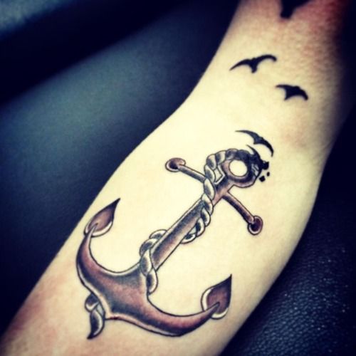 Black Ink Anchor With Flying Birds Tattoo Design For Forearm