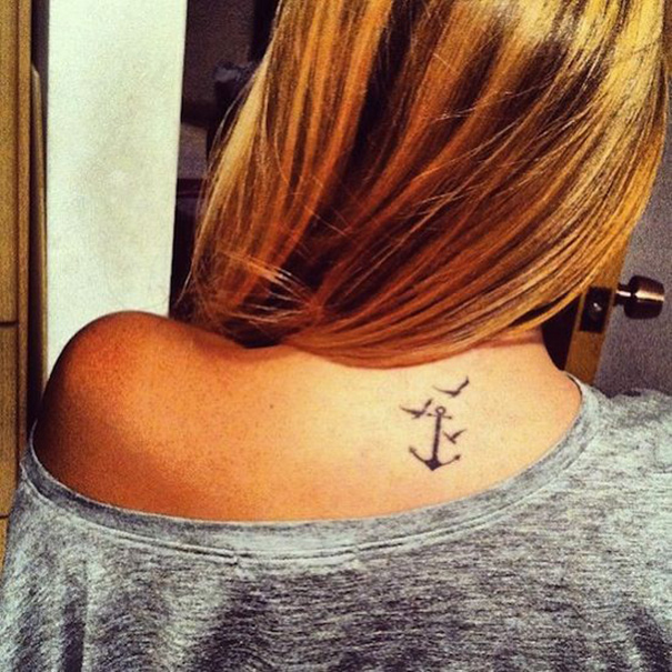 Black Ink Anchor With Flying Birds Tattoo On Girl Back Neck