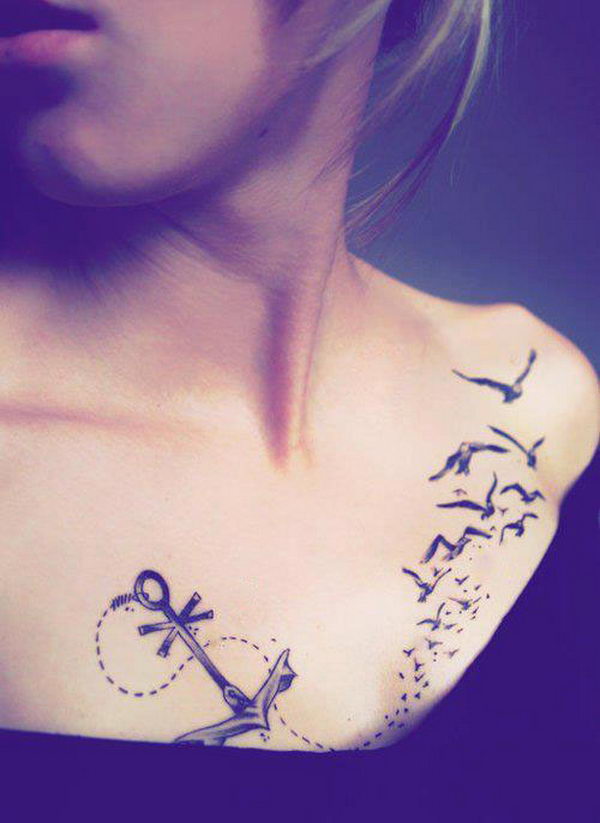 Black Ink Anchor With Flying Birds Tattoo On Girl Chest