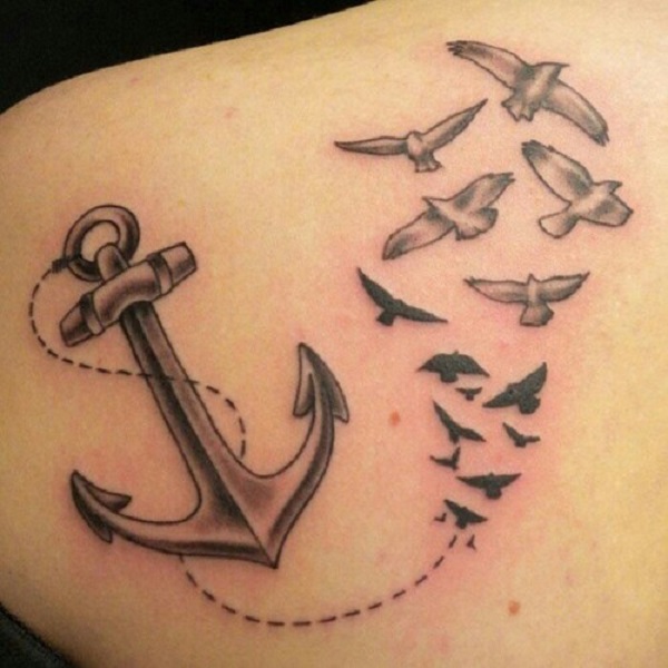 Black Ink Anchor With Flying Birds Tattoo On Left Back Shoulder