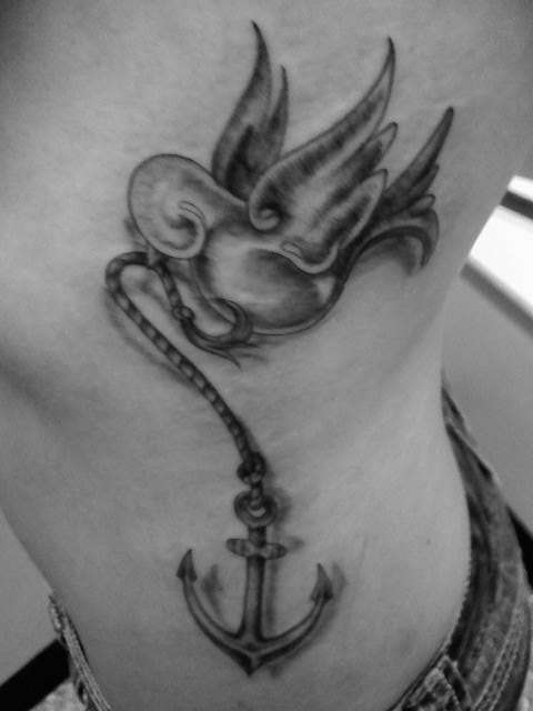 Black Ink Anchor With Flying Birds Tattoo On Women Left Side Rib