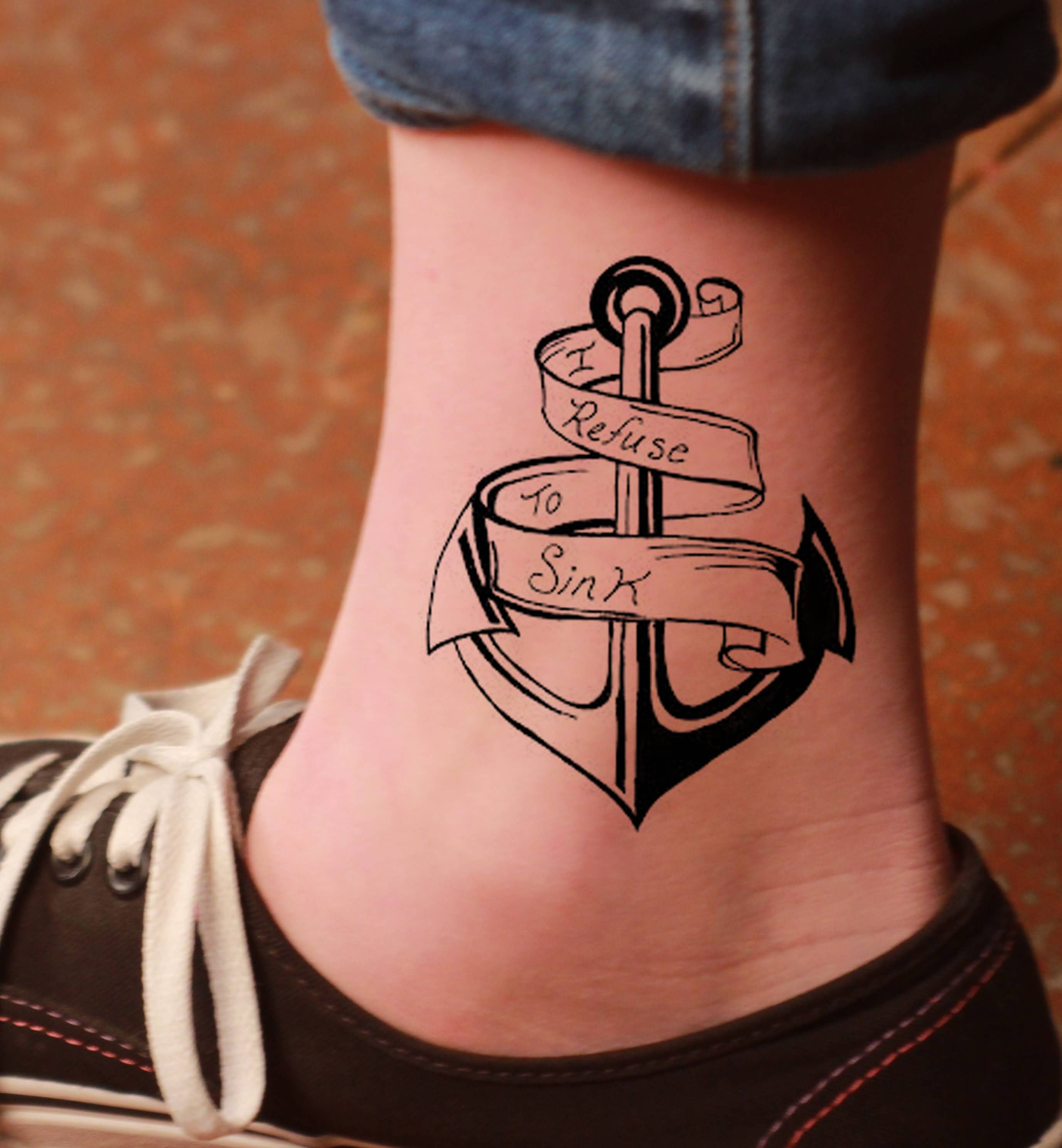 Black Ink Anchor With I Refuse To Sink Banner Tattoo On Ankle
