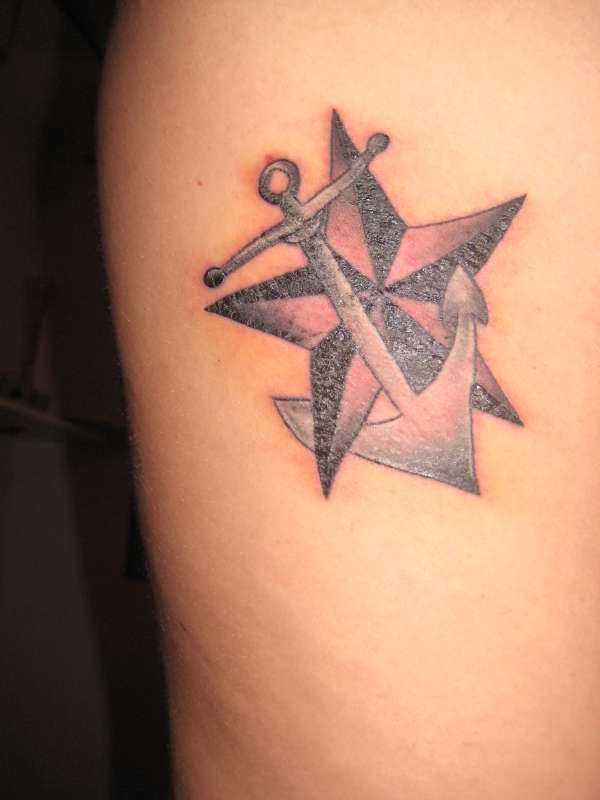 Black Ink Anchor With Nautical Star Tattoo Design For Side Rib