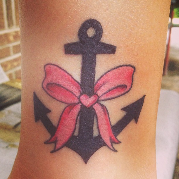 Black Ink Anchor With Ribbon Bow Tattoo Design For Sleeve