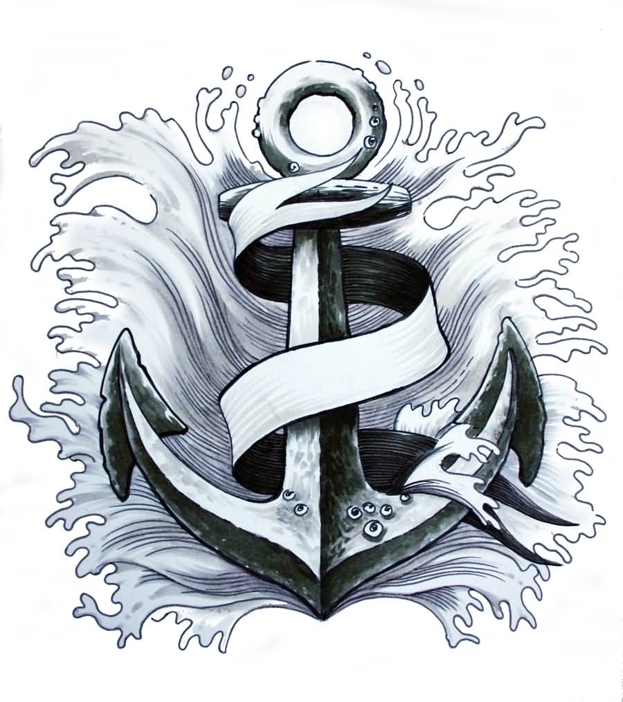 Black Ink Anchor With Ribbon Tattoo Design