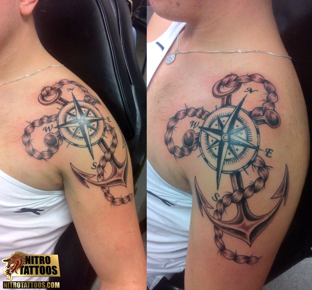 Black Ink Anchor With Rope And Compass Tattoo On Girl Left Shoulder By HowComeHesDead