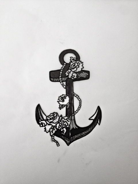 Black Ink Anchor With Rope And Flowers Tattoo Design