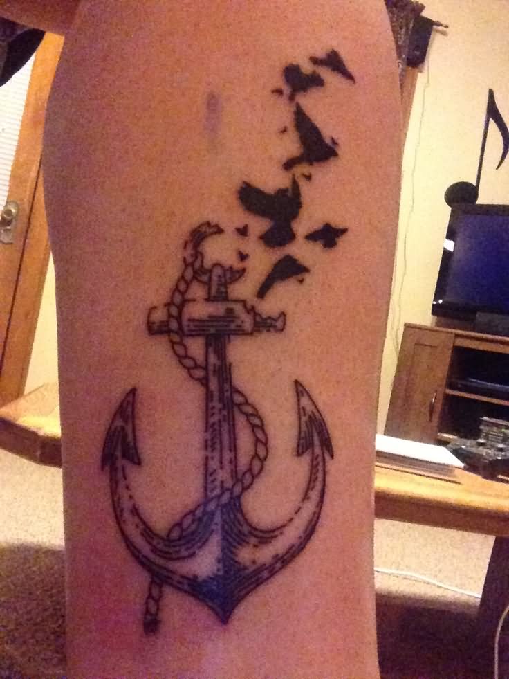 Black Ink Anchor With Rope And Flying Birds Tattoo Design For Leg