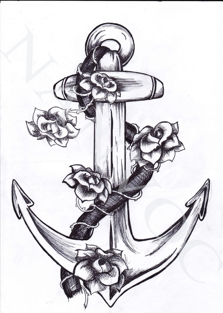 Black Ink Anchor With Rope And Roses Tattoo Design