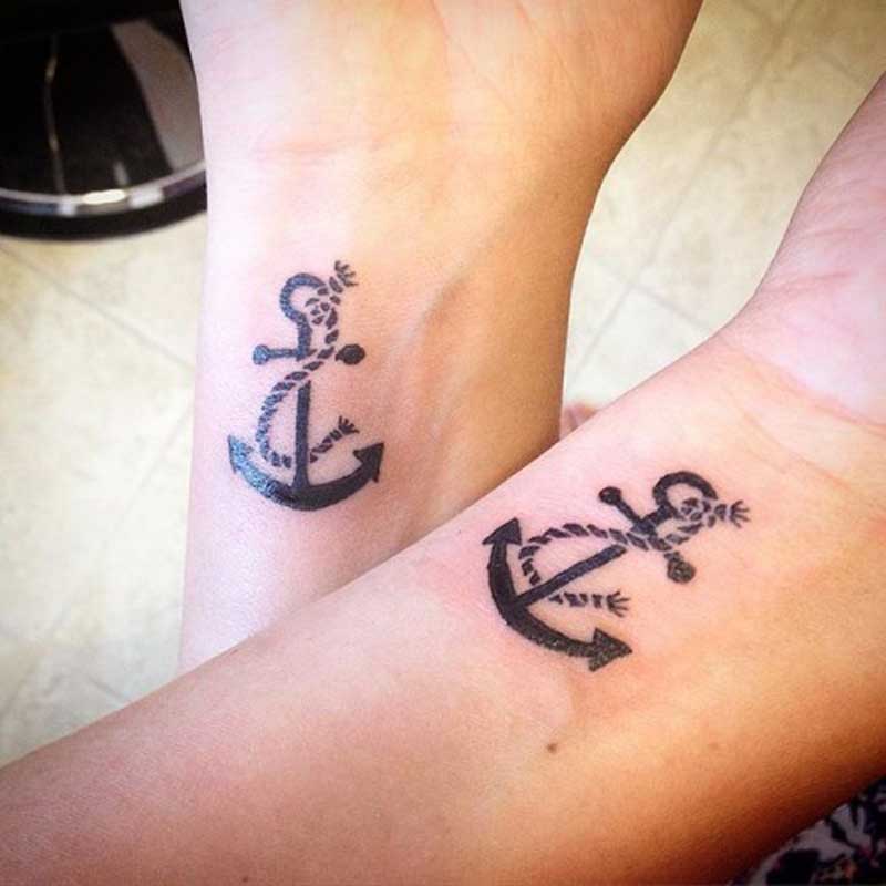 Black Ink Anchor With Rope Tattoo Design For Couple Wrist