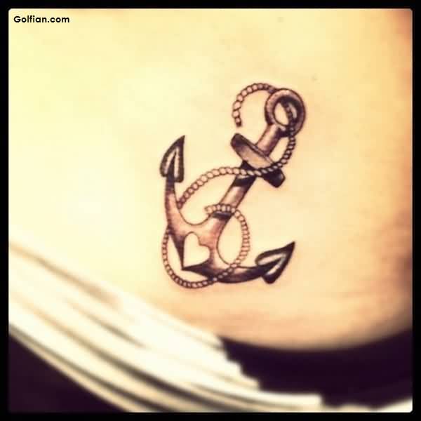 Black Ink Anchor With Rope Tattoo Design For Lower Back