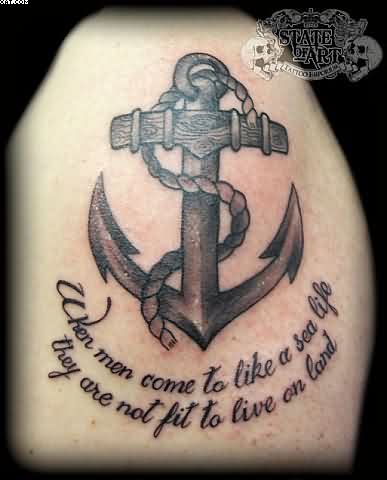 Black Ink Anchor With Rope Tattoo Design For Shoulder