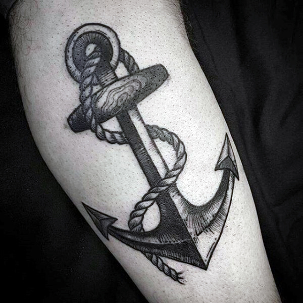 Black Ink Anchor With Rope Tattoo Design For Sleeve