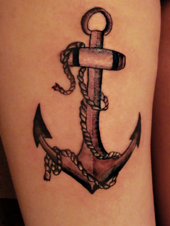 Black Ink Anchor With Rope Tattoo Design For Thigh