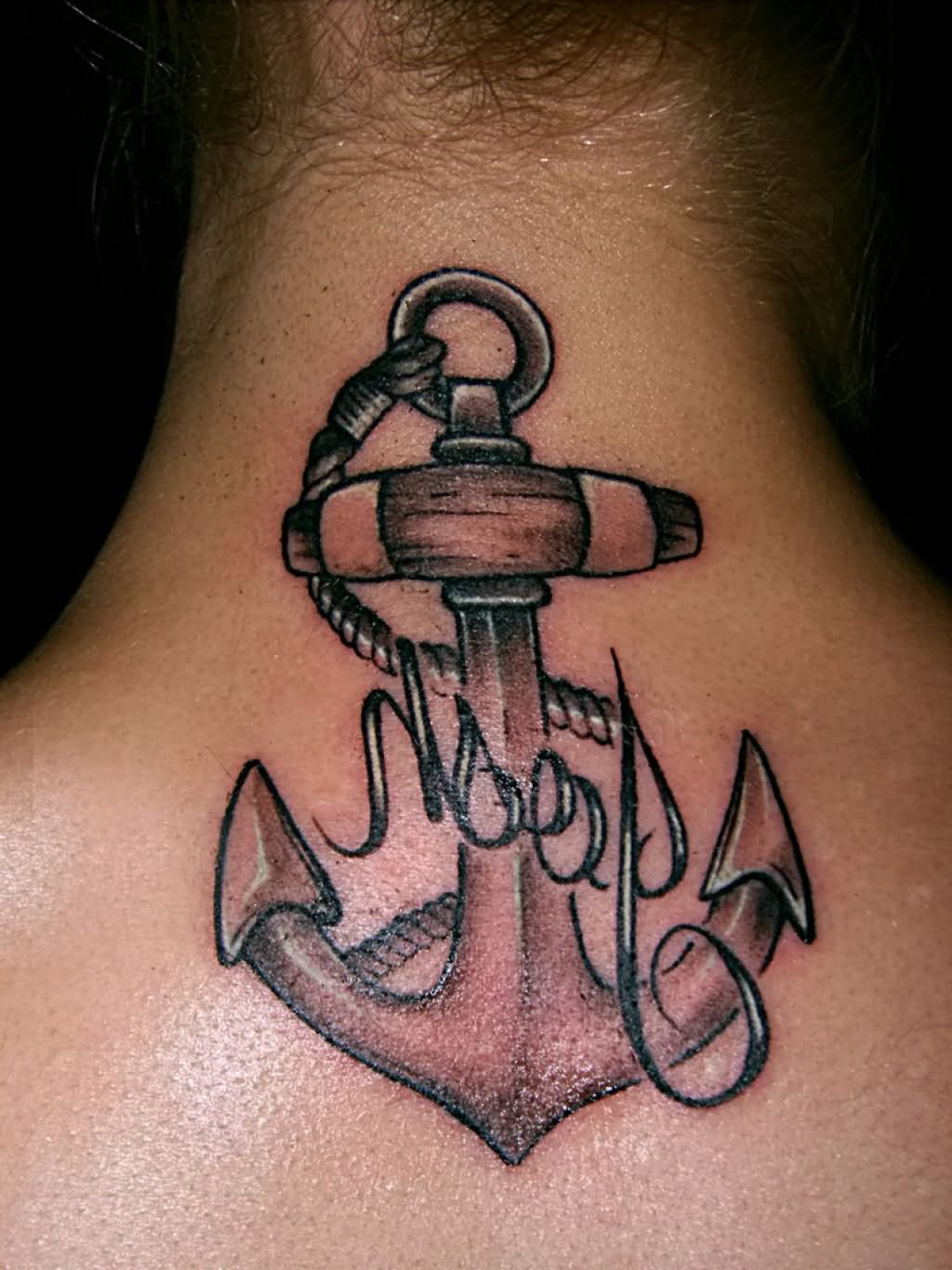 Black Ink Anchor With Rope Tattoo On Back Neck