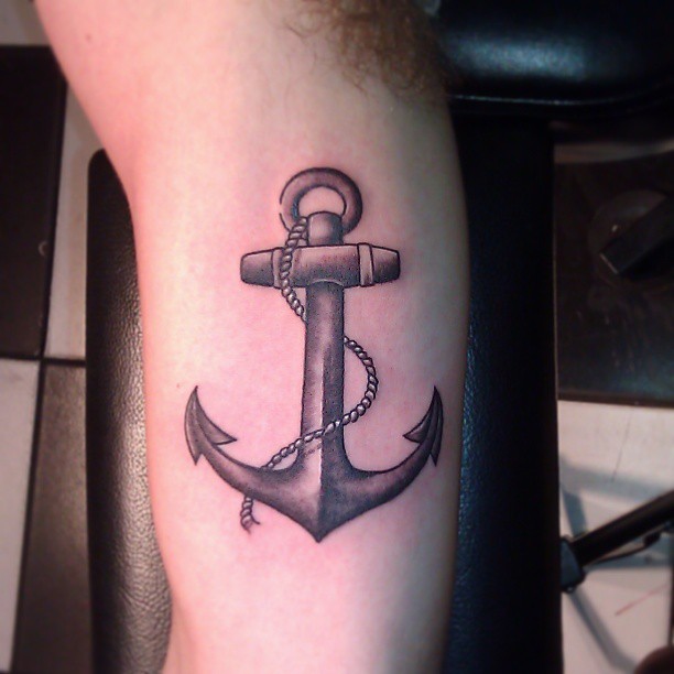Black Ink Anchor With Rope Tattoo On Bicep