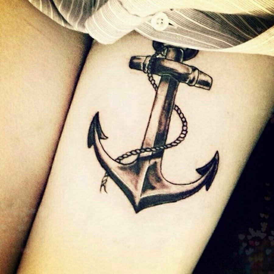 Black Ink Anchor With Rope Tattoo On Girl Left Thigh