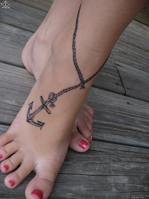 Black Ink Anchor With Rope Tattoo On Girl Right Foot