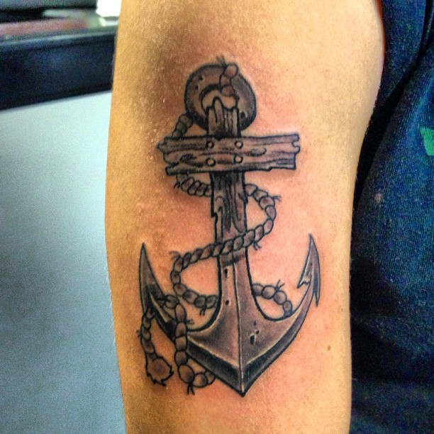 Black Ink Anchor With Rope Tattoo On Half Sleeve