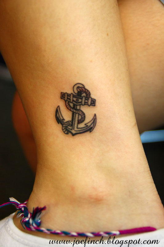 Black Ink Anchor With Rope Tattoo On Left Ankle