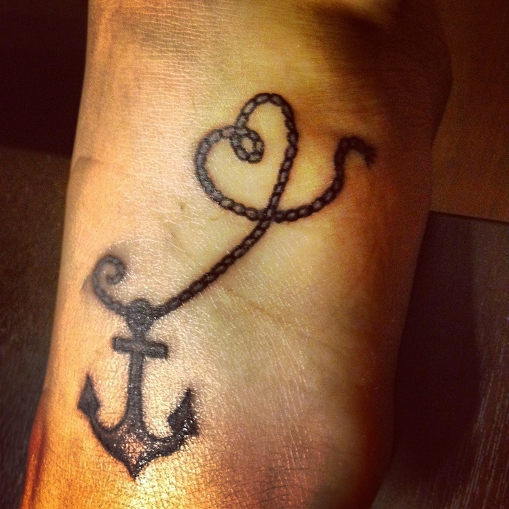 Black Ink Anchor With Rope Tattoo On Left Foot