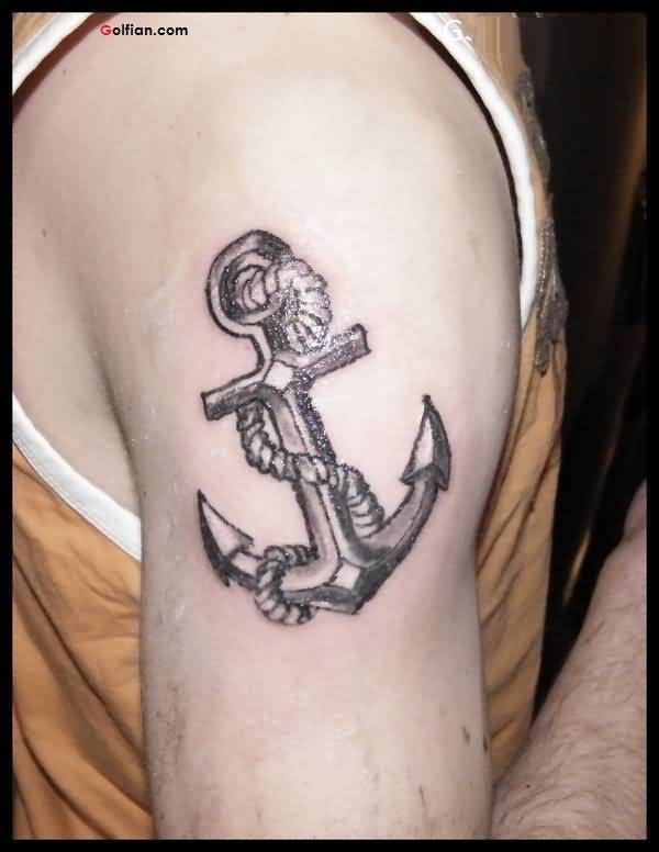 Black Ink Anchor With Rope Tattoo On Man Right Shoulder