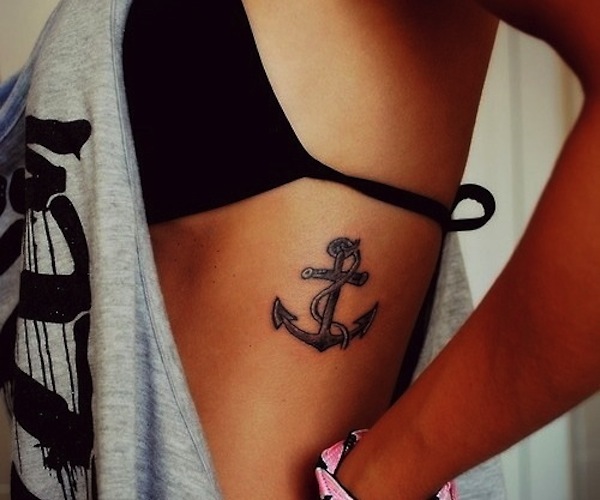 Black Ink Anchor With Rope Tattoo On Women Left Side Rib