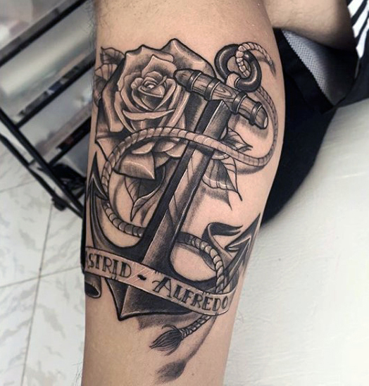 Black Ink Anchor With Rose And Banner Tattoo Design For Left Leg Calf