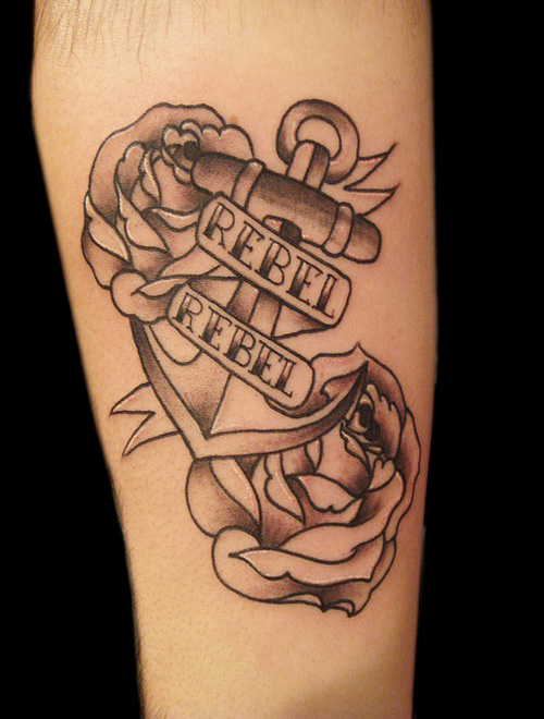 Black Ink Anchor With Roses And Banner Tattoo Design For Forearm