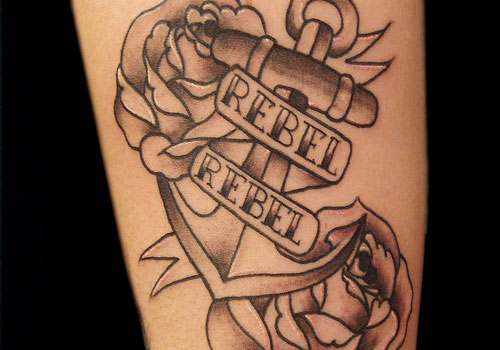 Black Ink Anchor With Roses And Banner Tattoo Design For Forearm
