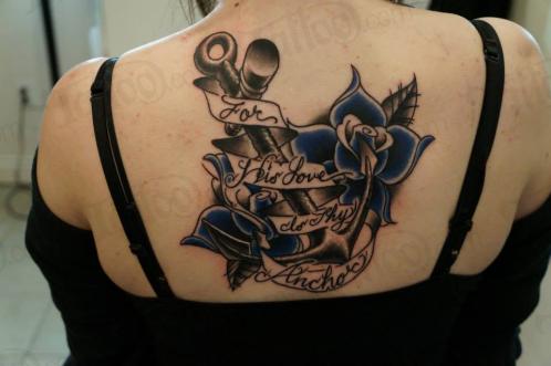 Black Ink Anchor With Roses And Banner Tattoo On Girl Upper Back