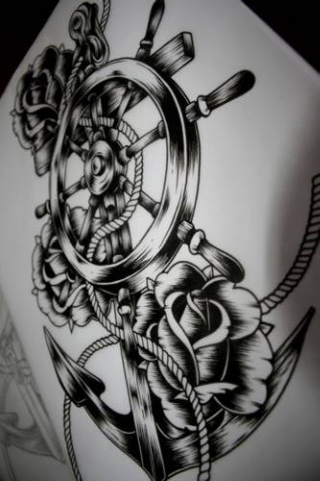Black Ink Anchor With Roses And Ship Wheel Tattoo Design