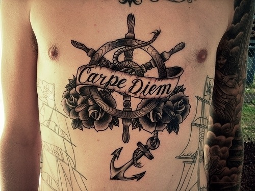 Black Ink Anchor With Roses And Ship Wheel Tattoo On Man Full Body