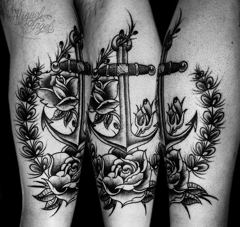 Black Ink Anchor With Roses Tattoo Design For Leg Calf