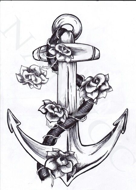 Black Ink Anchor With Roses Tattoo Design