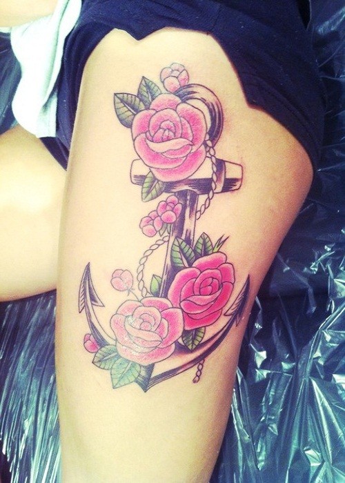 Black Ink Anchor With Roses Tattoo On Girl Left Thigh