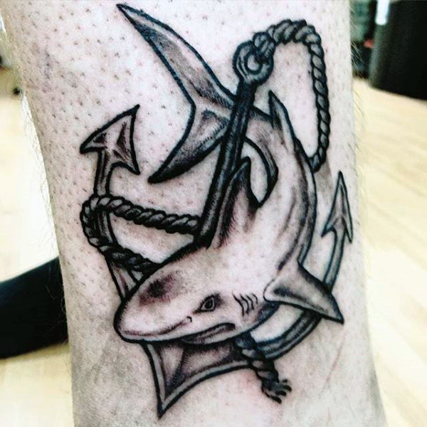 Black Ink Anchor With Shark Tattoo Design For Leg
