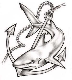 Black Ink Anchor With Shark Tattoo Design