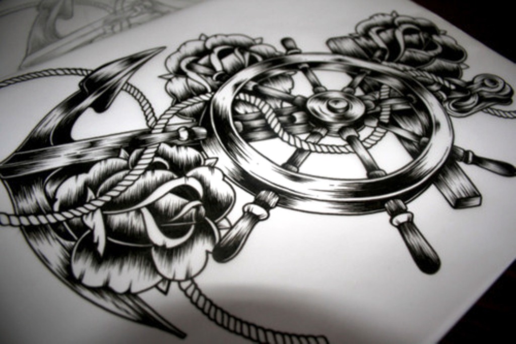 Black Ink Anchor With Ship Wheel And Roses Tattoo Design