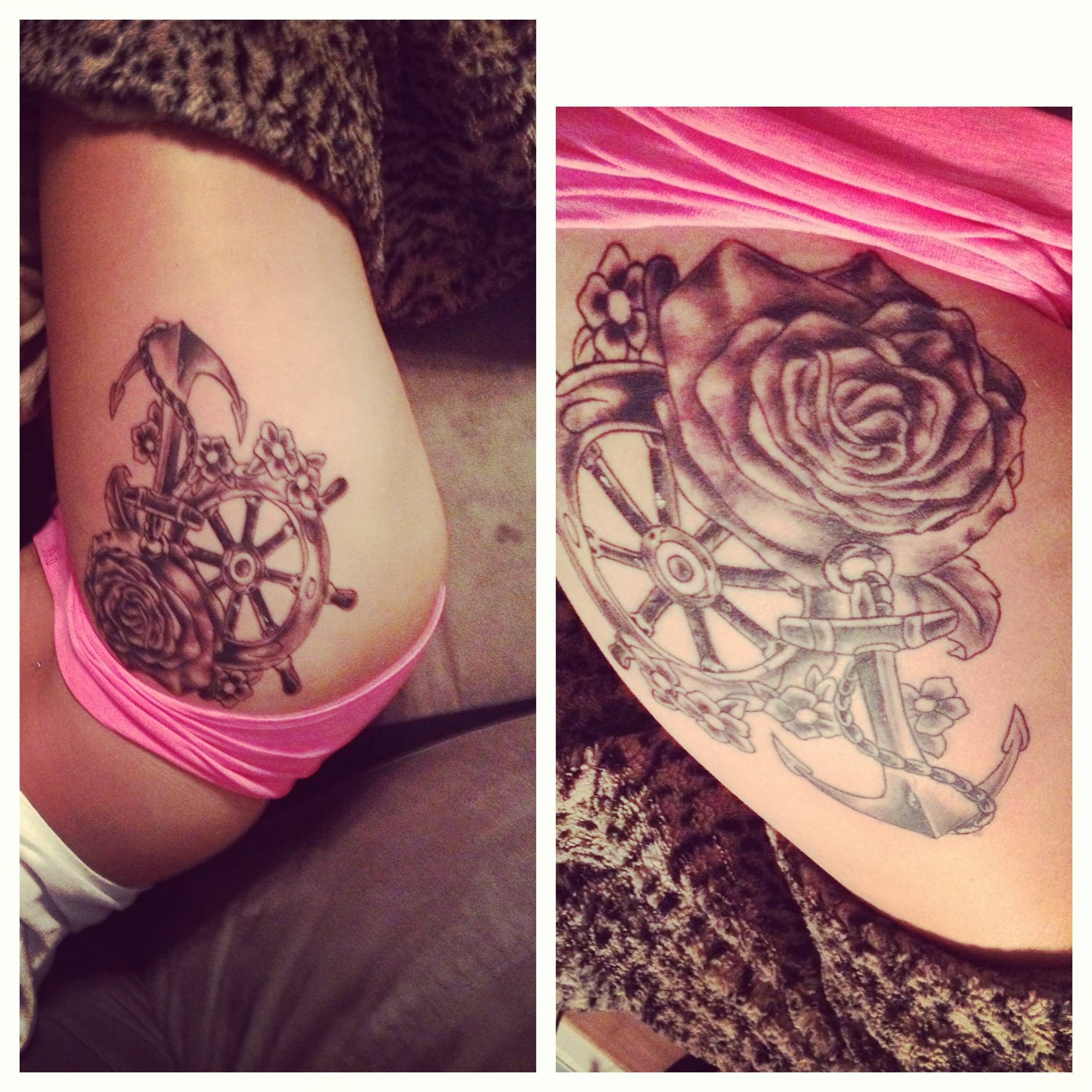 Black Ink Anchor With Ship Wheel And Roses Tattoo On Girl Left Hip
