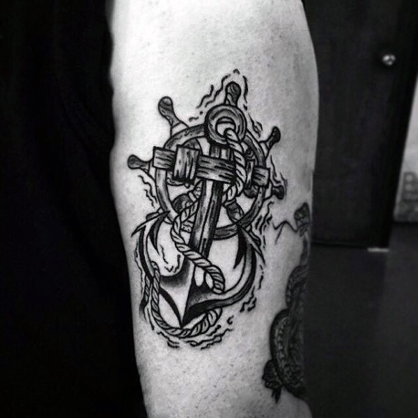 Black Ink Anchor With Ship Wheel Tattoo Design For Sleeve