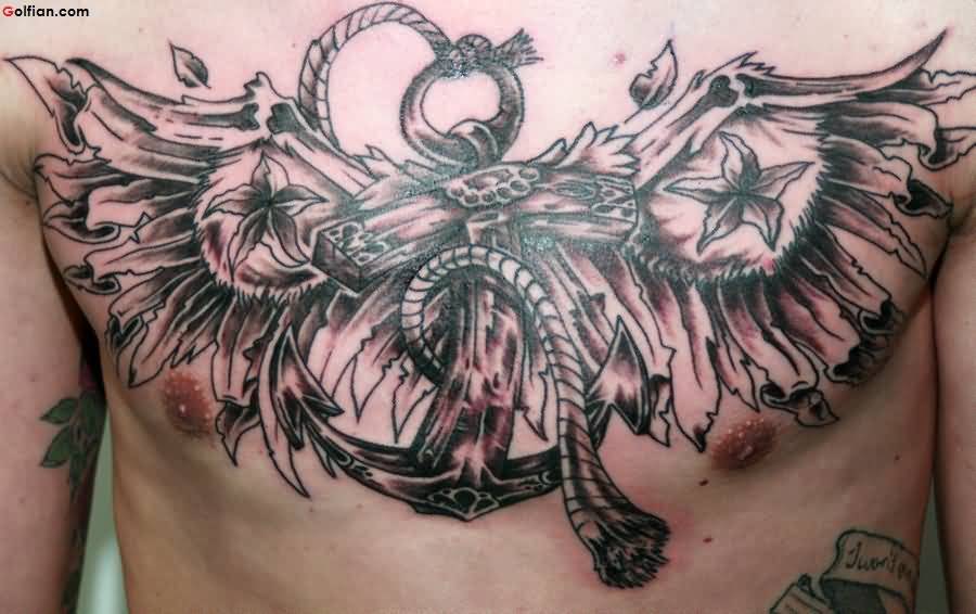 Black Ink Anchor With Wings Tattoo On Man Chest