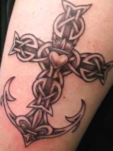 Black Ink Celtic Cross Anchor Tattoo Design For Half Sleeve