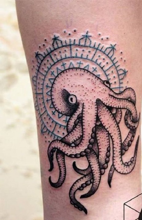 Black Ink Dotwork Octopus Tattoo Design For Leg
