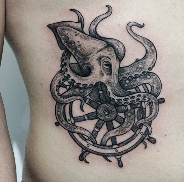 Black Ink Dotwork Octopus With Ship Wheel Tattoo Design For Side Rib By Sasha Masiuk