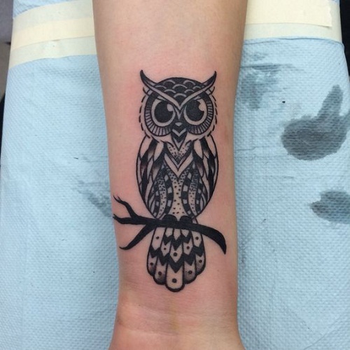 Black Ink Dotwork Owl On Branch Tattoo Design For Forearm