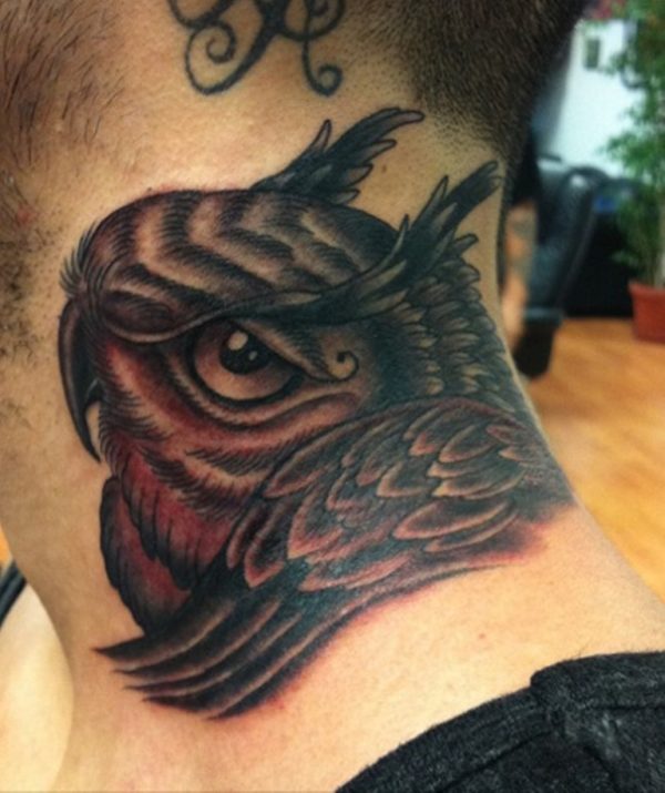 Black Ink Eagle Head Tattoo On Man Left Side Neck